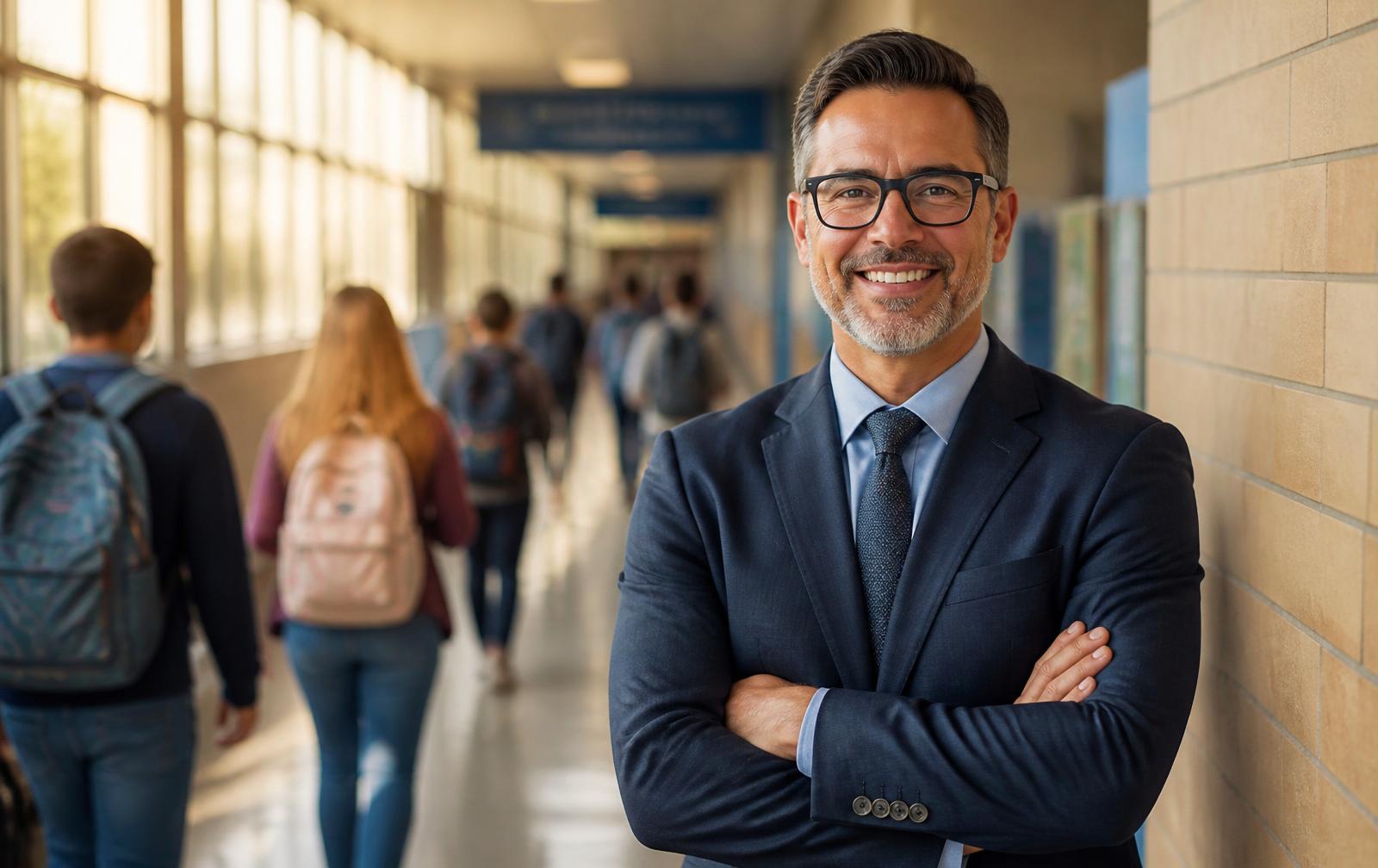 A K-12 principal in a school hallway